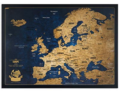Europakarte pinnvägg med färgade nålar – bonus 100 stift, äventyrskort med ram, personliga kort med originalfärger, tillverkade i EU, naturlig träram