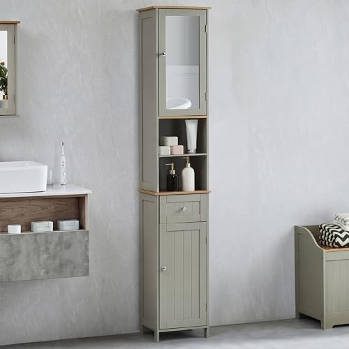 Bath Vida Priano högt speglat badrumsskåp förvaring skåp golvstående Tallboy enhet, grå och ek