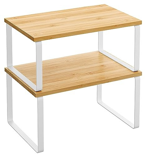SONGMICS Étagère à Épices, Lot de 2, Organisateur de Placard, Étagère de Rangement de Cuisine Extensible, Porte-épices Empilable, Métal, Bois d’Ingénierie, Blanc Nuage et Beige Naturel KCS02NW