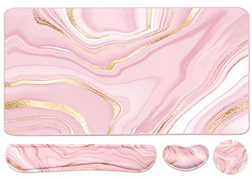 Keyboard Mouse Pad Set, Extended Mouse Pad+Keyboard Wrist Rest Support, Memory Foam Ergonomic Easy Typing, 3Pcs (35.4×15.7 in) Desk Pad Set for Home Office Study Game- Pink Gold