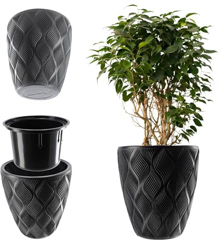 KADAX Vaso da fiori con inserto e manici, in plastica in 5 misure, vaso resistente ai raggi UV, vaso alto resistente alle intemperie, vaso con effetto 3D (antracite 39 cm)