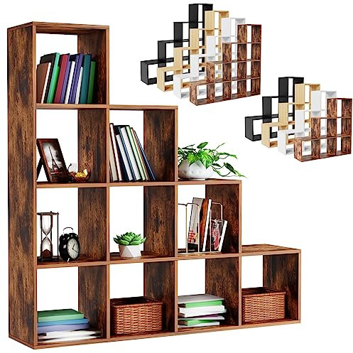 MIADOMODO® Treppenregal - Braun, 10 Fächer, 129,5x29x129,5 cm, für Wohnzimmer, Stabil, Offen, Freistehend, Indoor, aus MDF-Platte - Stufenregal, Raumteiler Regal, Bücherregal, Standregal