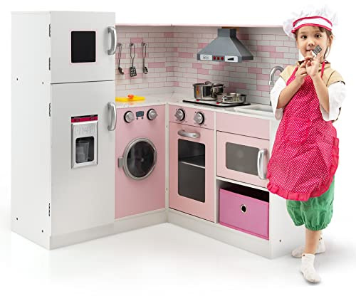 COSTWAY Cuisine d'Angle Enfant avec Tableau Noir & 16 Accessoires, Sons et Lumière Réaliste, Machine à Glaçons, Tablier & Toque - Jeu de Cuisine en Bois pour 3 Ans+