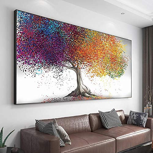 Gold Tree Große Leinwand Wandkunst Ölgemälde Schwarz gerahmte Leinwand Wandkunst für Wohnzimmer Übergroße Moderne Dekor Wandbilder 80x180cm/32x71in Schwarzer Rahmen