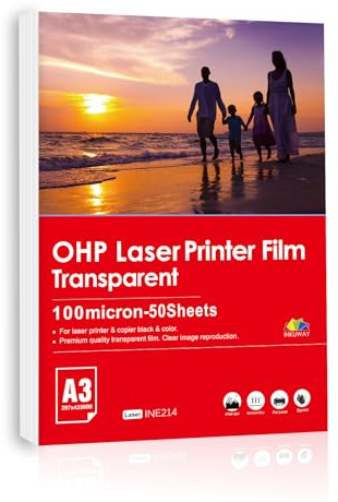 Inkuway OHP 50 Feuilles A3 Papier Transparente Imprimable Laser Film