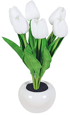 Tulipano Luce notturna con vaso in ceramica simulazione tulipano luci da tavolo a LED con batteria, lampada da tavolo ornamenti per casa, soggiorno, matrimonio, idea regalo (6 teste-bianco)