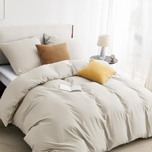 BEDSURE Ropa de cama de 200 x 200 cm, 3 piezas, lino, 1 funda nórdica de 200 x 200 cm y 2 fundas de almohada de 80 x 80 cm, certificado Öko-Tex, color beige, poliéster, microfibra con cremallera