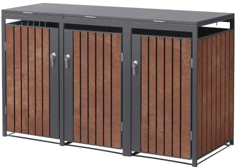 ML-Design Box pour 3 Poubelles, 240L, 200x80x120 cm, en Acier/Acier Corten, Anthracite/Aspect Rouille, Habillage de Poubelle avec Couvercle Rabattable/3 Portes, Conteneur Abri Hangar Cache-Poubelle