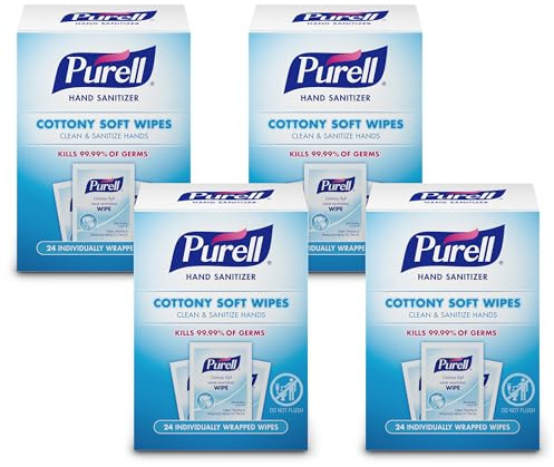 PURELL Cottony Soft Hand Sanitizing Wipes Clean Scent, 24 Individually Wrapped Wipes (Pack of 4 Boxes) - 9029-04-CMR