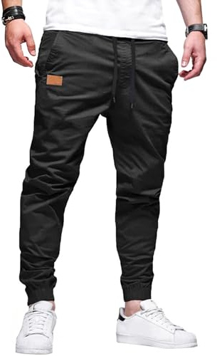 PLEPAN Joggers for Men Cotton Drawstring Fashion Chinos Tapered Stretch Pants Hiking Pants with Pockets Black 3XL-Large