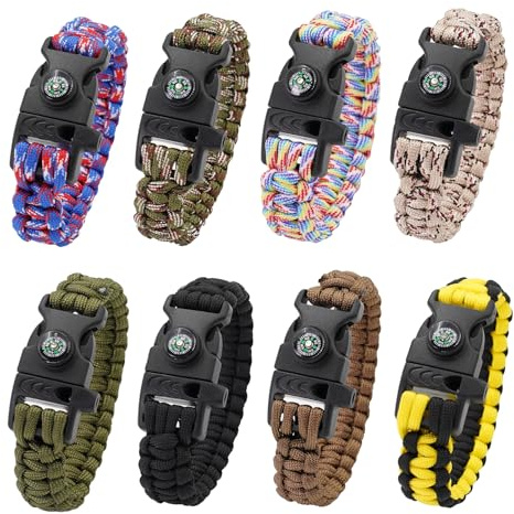 8 Pack 3in1 Emergency Survival Bracelet with Whistle and Compass,Survival Kit,Wild Camping Equipment Kit,Wildness Emergency Survival Kit for Camping,Outdoor Travel, Hiking, Emergency Survival Or First