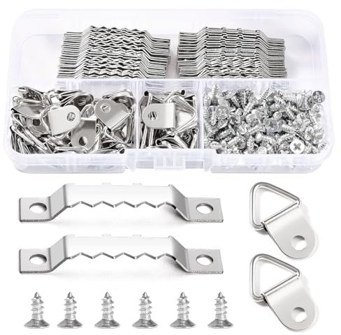 YIXISI 100 Pezzi Ganci Cornici Quadri Set, Ganci a Dente di Sega, Triangolo Anello Gancio, Ganci Appendi Quadri, con 150 Pezzi Viti, per Foto Pitture, Decorazione Della Casa, Argento