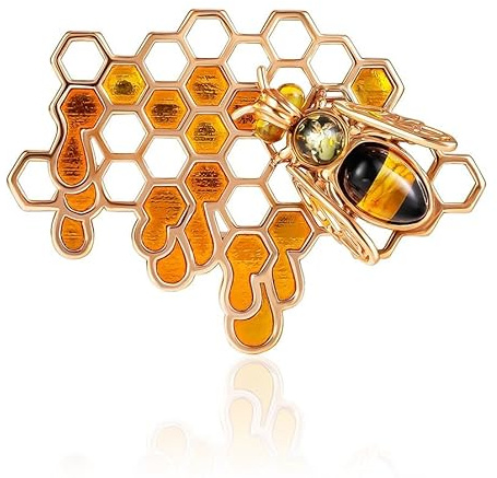 Bienenwabe Brosche in Rose Gold vergoldet, Sterling Silber 925 mit silberer Biene Maße 49x36x11mm