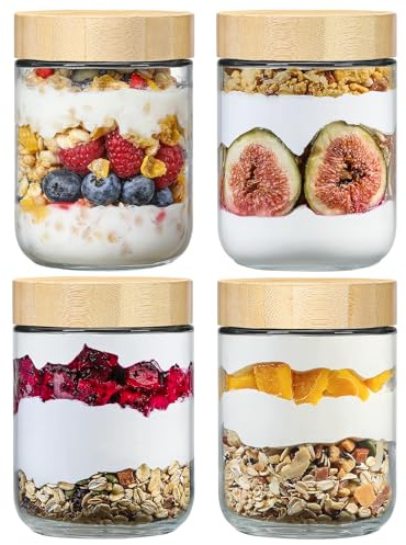 NETANY 4-pack 16oz Glass jars with Airtight Lids, Overnight Oats Containers with Bamboo Lids, Wide mouth Mason Salad jars, Glass Food Storage Containers for Snacks Yogurt Spice Sugar