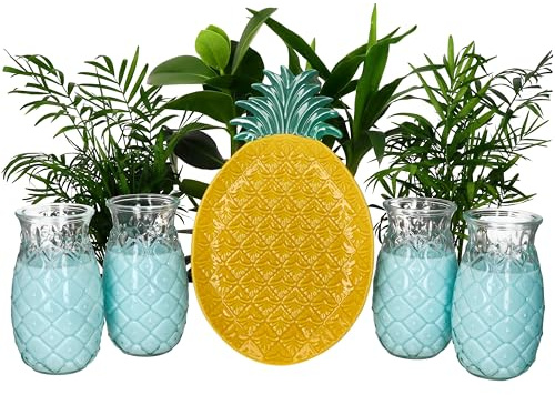 MamboCat 5tlg Party-Set Pina I 4X Gläser 400ml mit 1x Ananas-Teller I für 4 Personen I klares Cocktailglas und bunter Teller mit Ananas-Relief I Grillfeier im Sommer
