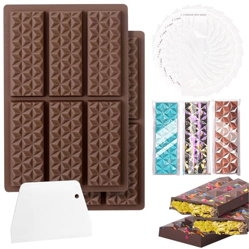 DONGTATA 2 Pcs Deep Chocolate Mould Set - Silicone Moulds for Chocolate, Deep Chocolate Bar Moulds, Thick Chocolate Bar Mould Candy Moulds with 100 Pack Clear Cellophane Bags