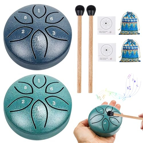 2 Stück Steel Tongue Drum, 3 Zoll Zungentrommel Mit 6 Tönen, Mini Stahlzungentrommel, Tongue Drum Steel Zungentrommel Ideal Für Yoga-Meditation, Camping, Musik-Erleuchtung(Grün+Marineblau)