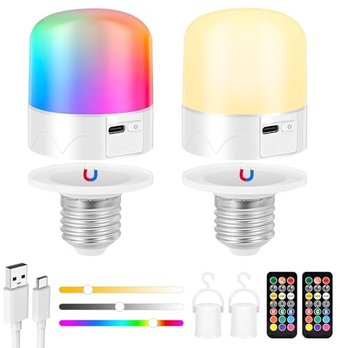 GuKKK USB Aufladbare Glühbirne mit Fernbedienung E27, 2 Stück RGB Aufladbare Glühbirne mit Batterie, 2000mAh Tastensteuerung Dimmbare LED Akku Glühbirne mit Timing-funktion, für Pendelleuchten