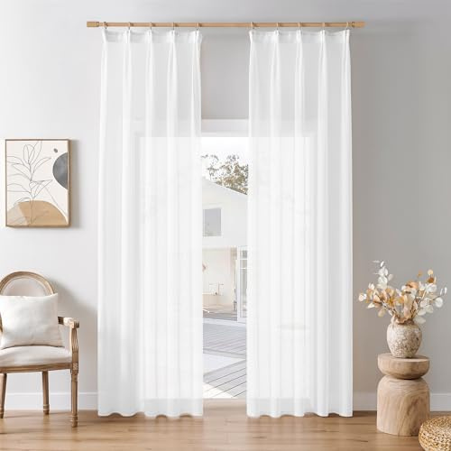 Softalker Gardinen Kurz mit Kräuselband Vorhang Weiss 100 x 200 cm 2er Set Gardine und Vorhänge Gardinen Wohnzimmer Modern Voile Gardine Schal Fenstergardinen Küchen Curtains für Schienensystem