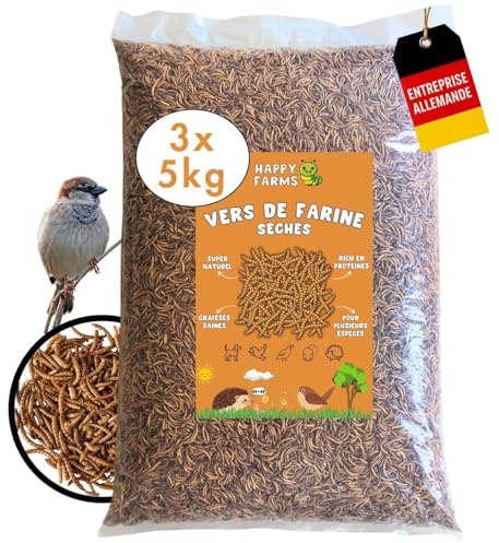 HappyFarms vers de Farine séchés - 15 kg - Nourriture Naturelle de qualité supérieure pour Oiseaux Sauvages, Reptiles et hérissons