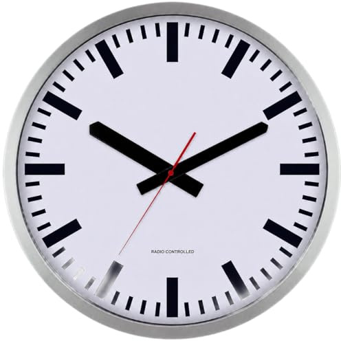 56865-07-Eurotime Funkwanduhr im Aluminium-Gehäuse XXL, Bahnhofszifferblatt, schmale Zeiger, 50 cm Durchmesser. Zeigersatz schwarz und Sekunde rot