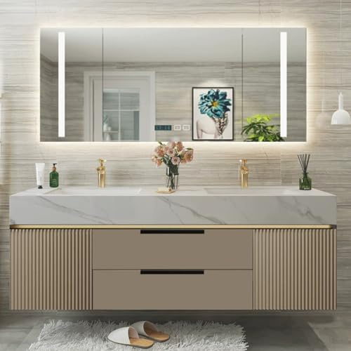 Set di Mobili da Bagno con Lavabo, LED Illuminato Medicine Cabinet con Specchio, Mobile da Bagno Doppio con LavabiBrown,150cm/59in