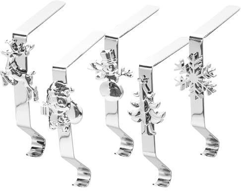 OulQinyhome 5 Piezas Soportes Calcetines de Navidad – Ganchos de Metal para Chimenea – 5 Estilos Copo de Nieve Reno Muñeco de Nieve Papá Noel Árbol – Ganchos para Calcetines para Decoración Navideña