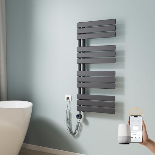 EMKE WLAN Handtuchheizkörper Elektrisch 1041x500 mm, Flach Badheizkörper Handtuchhalter Elektrisch, Elektrischer Handtuchwärmer Handtuchtrockner mit Thermostat und Heizstab, 600W Anthrazit