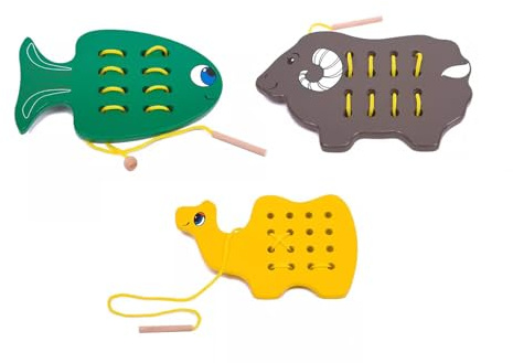LLTCMYGS Gioco Montessori di Animali dei Cartoni in Legno da Infilare, Apprendimento Sensoriale Educativo e Sviluppo delle Abilità Motorie Fini (3 Pezzi)