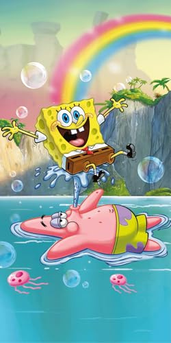 Jerry Fabrics Barnhandduk Spongebob Squarepants 70 x 140 cm - 100% bomull barnhandduk - Oeko-Tex Standard 100 - Absorberande strandhandduk & handduk med Spongebob-motiv