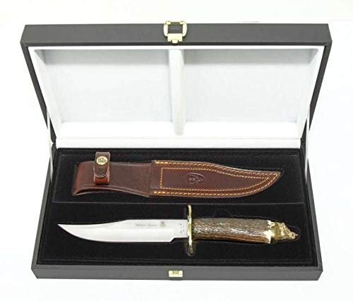 Muela Cuchillo WOLF-16R hoja de acero ACX-380 de 16 cm y empuñadura de madera coral para Caza, Pesca, Supervivencia y Bushcraft Realizado en Ciudad Real + Portabotellas de regalo