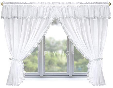 TOP Fertig-Gardine aus Voile NEU Top Design Set Gardinen mit Kräuselband und Zirkonia küche Weiss kurz LB-237