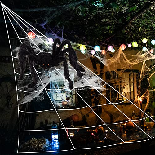 GIGALUMI Halloween Dekoration, 700cm riesiges Spinnennetz mit 90 cm großer schwarzer, haariger Spinnen, 20 kleine Spinnen, für Halloween, Garten, Party Deko dreieckiges Riesenspinne