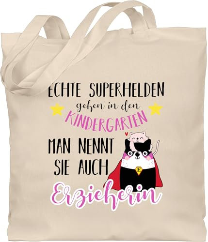 Baumwolltasche - Beruf und Job Geschenke - Echte Superhelden gehen in den Kindergarten - Erzieherin - Unisize - Naturweiß - abschiedsgeschenk kiga kollegen geschenk arbeit beutel weihnachten katze