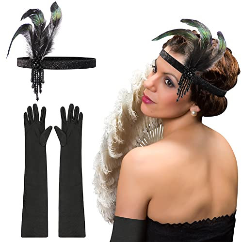 Flapper Stirnband Vintage 1920er Schwarze Ellbogen Handschuhe Feder Stirnband Perlen Schwarzes Kopfschmuck Schwarze Lange Handschuhe Lange Abendhandschuhe 1920er Zubehör