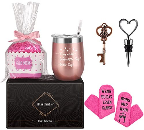 Livole Geburtstag Geschenke für Frauen, Damen, Wein Socken Geburtstagsgeschenk, Frag nicht, Schlechter Tag, Guter Tag, 12 oz 350ml Edelstahl Weinbecher, Weingläser Mit Korkenzieher, Deckel, Roségold
