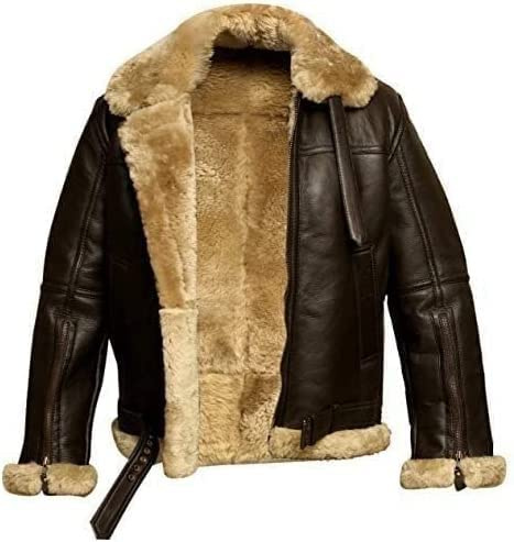 Veste D'Aviation En Cuir Pour Homme - Blouson Aviateur Imitation Peau De Mouton Avec Col En Fourrure, Revers Épais Et Doublure En Velours - Veste D'Hiver