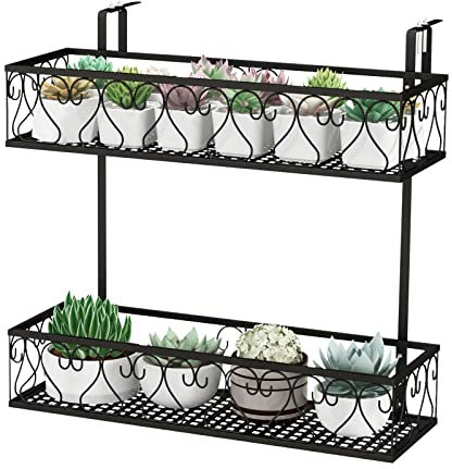 COSTWAY Porta Piante a 2 Livelli, Portavasi da Appender con Ganci Regolabili da 5,5-12,5 cm, Porta Fiori in Metallo da Esterno per Balcone e Recinto, Carico Massimo 30kg, Nero