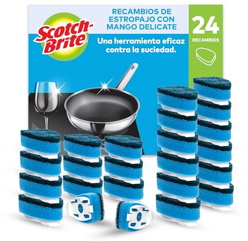 Scotch-Brite Recharges Manche-Vaisselle Delicate, 24 Éponges Non Abrasives, Sûres pour Ustensiles Antiadhésifs, Fibres 100% Recyclées, Légères, Vertes, Nettoyage Cuisine et Salle de Bain