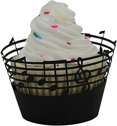 Uadme Cupcake Wrappers,50 Stück Muffinförmchen Papier mit Musiknoten Aushöhlen Cupcake Formen für Hochzeit Geburtstag Weihnachten Party (Schwarz)