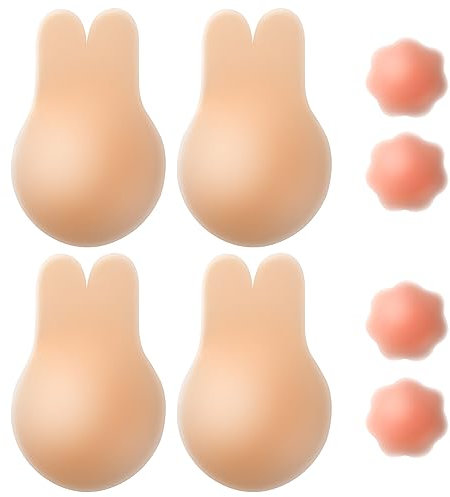 Silicone Rabbit Bra, 4 Pairs Invisible Backless, Push Up Strapless, Reusable Adhesive Nipple Cover