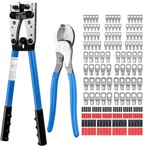 VORXEON Batteriekabelschuh Crimpzange Set Mit Kabelschere 100pcs Kabelschuhe 100pcs Schrumpfschlauch Zum Crimpen Von Drahtkabeln Von 6-50mm² (AWG10-0) Für Elektriker