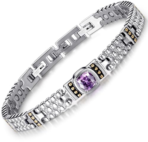 RainSo Amethyst Edelstein Armband,Magnetisches Damenarmband Rostfreier Stahl Edelstein-Design 3500 Gauss Magnetisches Armband für Frauen mit Verstellbare Schnalle und Geschenkbox