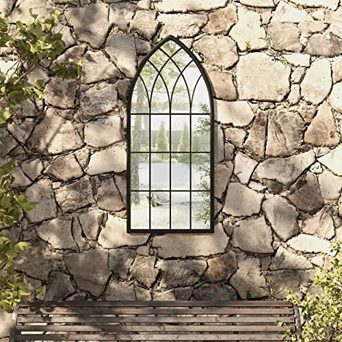 ZEYUAN Gartenspiegel, Spiegel Fenster, Kirchenfenster, Fensterförmiger Spiegel, Fensterspiegel, Window Mirror, Wandornament, Spiegel Landhausstil, Schwarz 100x45 cm Eisen