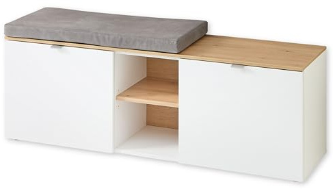 BARI Schuhbank in Weiß, Artisan Eiche Optik FSC-zertifiziert - Moderne Sitzbank mit Stauraum für Ihren Flur - 128 x 50 x 38 cm (B/H/T) | Bank für den Flur, Sitzkissen in hellgrauer Lederoptik, 2 Holztüren, 3 Fachböden, 2 offene Fächer, mit Stauraum