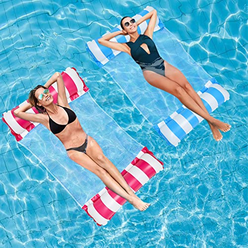 Idota Uppblåsbar vattenhängmatta, 2 stycken, luftmadrassäng, pool, 4-i-1, simmatta med nät, luftmadrass, vatten, poolleksak för sommar, poolfester, vattenhängmatta (rosa och blå)