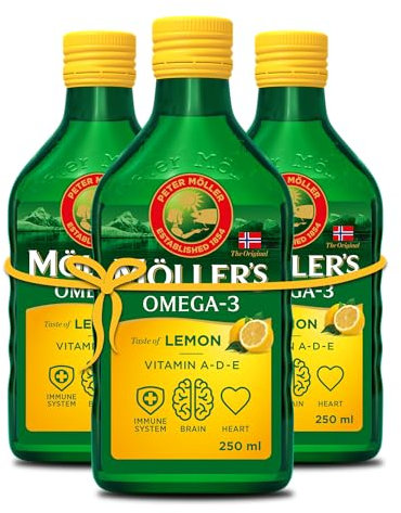 Moller’s ® | Omega 3 Cod Liver Oil | Omega-3 Dietary Supplements with EPA, DHA, Vitamin A, D and E | Superior Taste Award | Pure & Natural cod Liver Oil | Lemon | 250 ml x 3