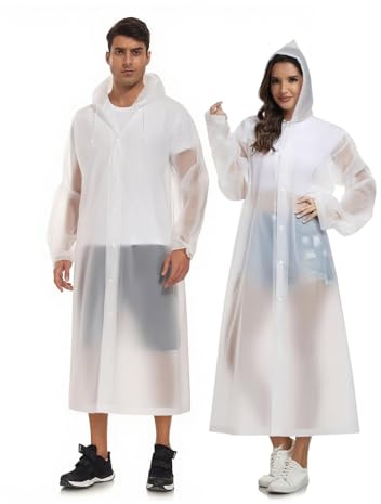 SaphiRose Extra Long Rain Ponchos for Adults - EVA Rain Coats Waterproof Unisex Rain Jacket with Drawstring Hood (2Packs, White, Universal)