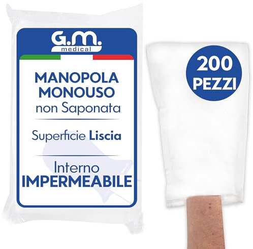 G.M. DISTRIBUZIONE 200 Manopole non Saponate usa e getta Impermeabili, Per la Detersione e l’igiene di Pazienti Anziani ed Allettati, Guanto Monouso Lavapaziente, Interno Impermeabile
