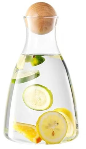 TAMUME Jarra de cristal curvada con tapa de bola de madera, ideal para servicio de agua y vino